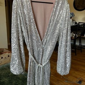 silver sequin sparkle wrap dress